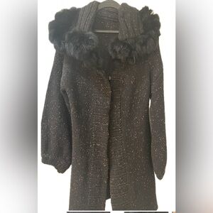 Women's Black Long Knitwear With Faux Fur Collar (4-6)